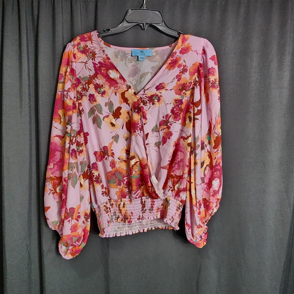 BOHO Pink Floral Smocked Waist Surplice Balloon Sleeve Blouse Large V-Neck Top